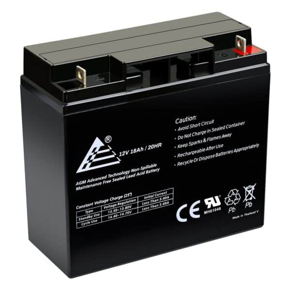 A 12v sealed lead-acid battery with cautionary labels and specifications.