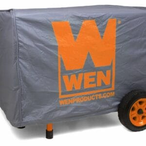 Portable generator covered with a branded protective cover.