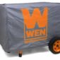 Portable generator covered with a branded protective cover.