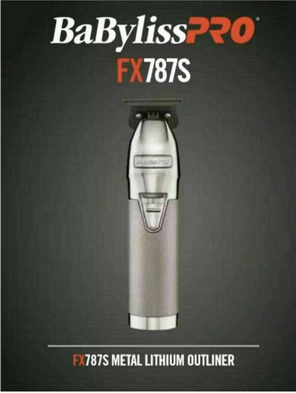 Babylisspro fx787s metal lithium outliner, a professional hair trimmer with a metallic finish, displayed on a gray background.