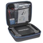 Portable oscilloscope and its accessories stored in a protective carrying case.