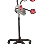 Artistic tripod floor lamp with two adjustable red spotlights and a microphone-style head.