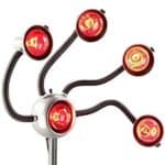 Modern wall lamp with multiple adjustable arms and red light bulbs.