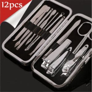 12-piece stainless steel manicure and pedicure set in a compact case.