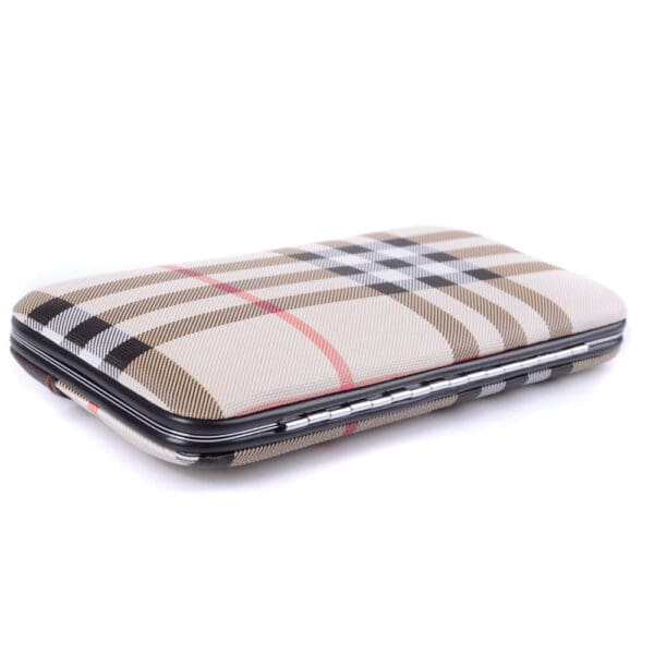 Plaid-patterned wallet-style case for a smartphone on a white background.
