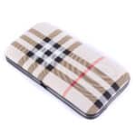 Plaid patterned wallet on a white background.