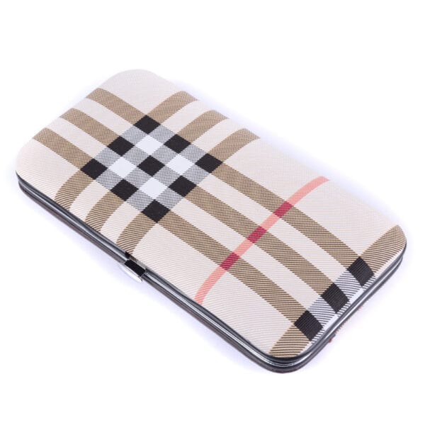 Plaid patterned wallet on a white background.
