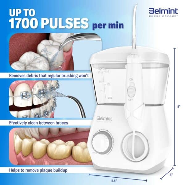 Dental water flosser with features highlighting its ability to clean between braces and remove plaque buildup.