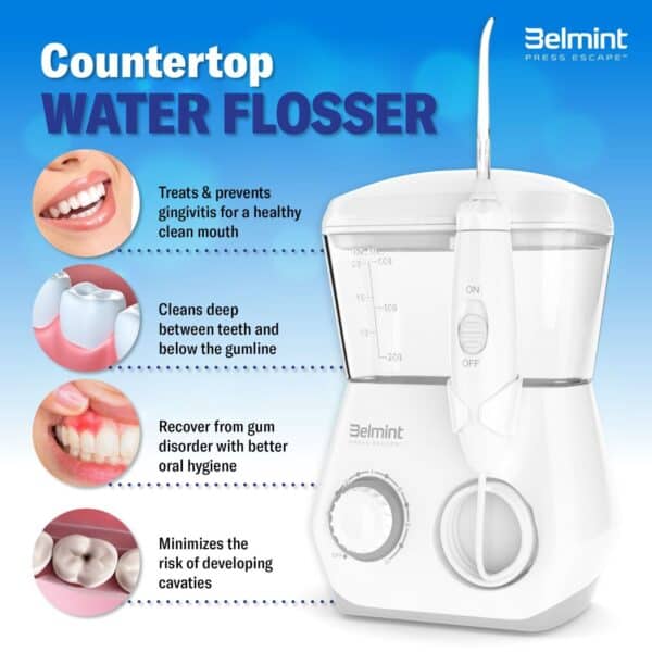 An advertisement for a belmint countertop water flosser highlighting its features and benefits for dental health.