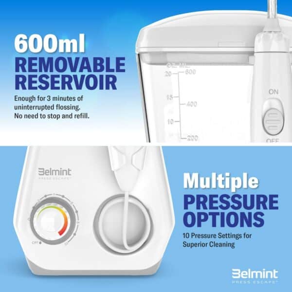 Dental water flosser with 600ml reservoir and multiple pressure settings.
