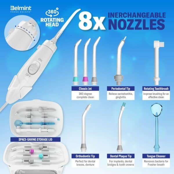 Electric oral irrigator with 8 interchangeable nozzles and a rotating head for comprehensive dental care.