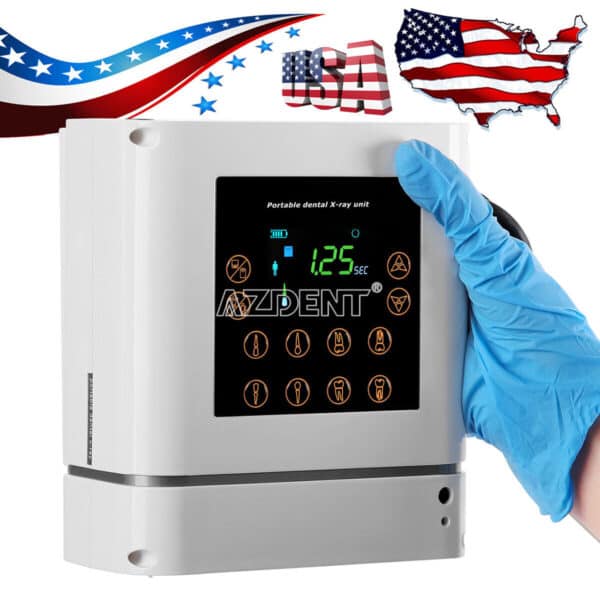 A portable dental x-ray unit with an american flag graphic in the background and a gloved hand adjusting the settings.