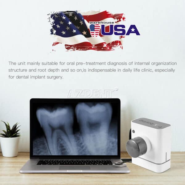 Dental x-ray displayed on a laptop screen with a portable x-ray imaging machine on a desk, indicating its use for dental diagnostics.