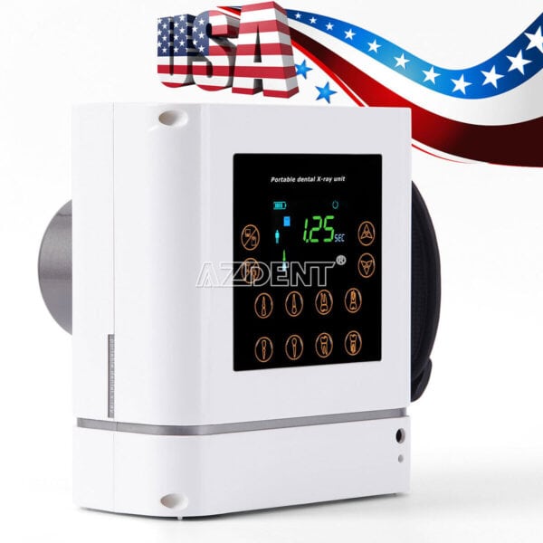 Dental x-ray unit with digital display, featuring an american flag backdrop.