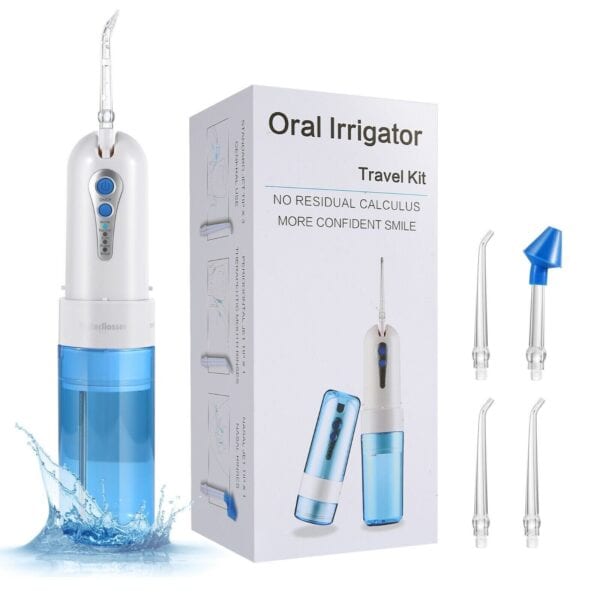Portable oral irrigator with various nozzles and travel kit packaging.
