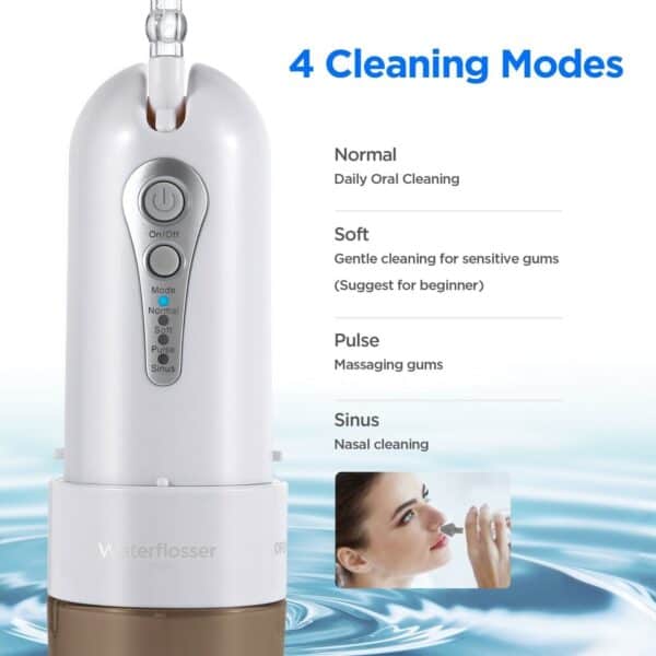Water flosser with four cleaning modes for oral hygiene, including options for normal, soft, pulse, and sinus cleaning.