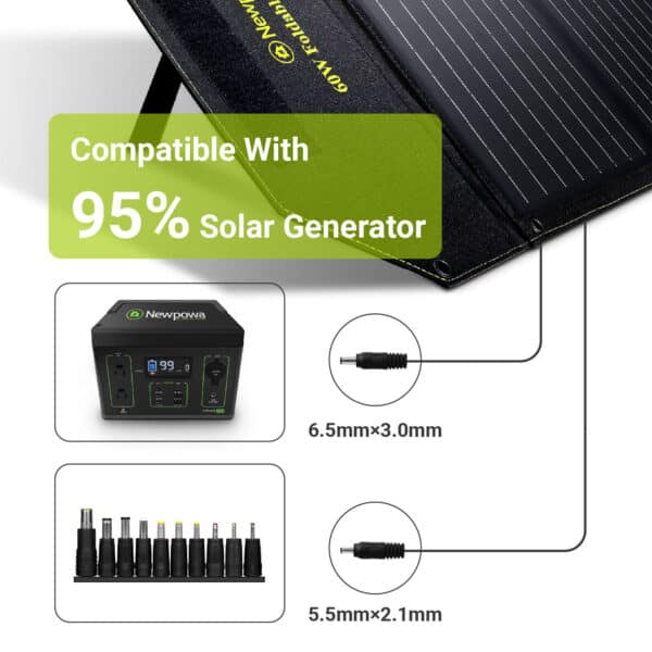 Portable solar panel with connectors compatible with 95% of solar generators.