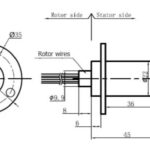 Technical drawing of an electric motor with rotor and stator components, including dimensions and wire placements.