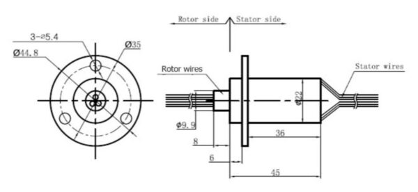 Technical drawing of an electric motor with rotor and stator components, including dimensions and wire placements.