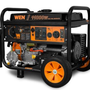 Portable dual fuel generator with wheels and a control panel.