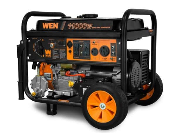 Portable dual fuel generator with wheels and a control panel.