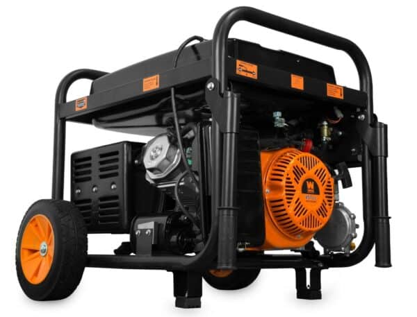 Portable gasoline generator on a frame with wheels.
