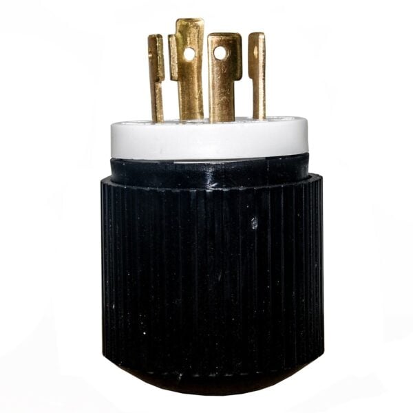 Three-pronged electrical plug with black casing on a white background.
