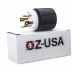 Industrial plug mounted on a white box with a logo that reads "xz-usa.