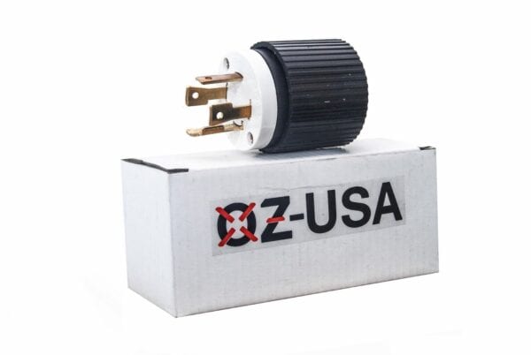 Industrial plug mounted on a white box with a logo that reads "xz-usa.