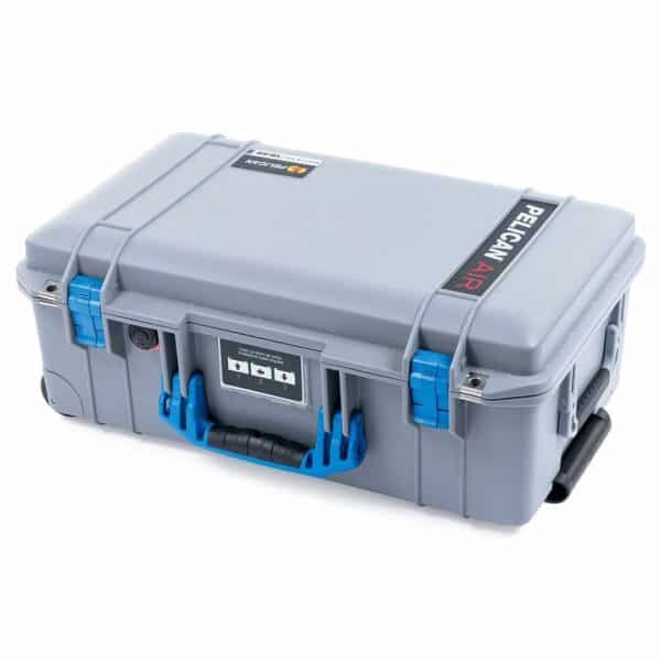 A sturdy, grey protective case with blue handles and black latches.