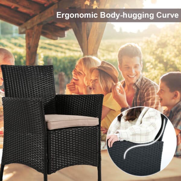 Patio chair advertisement highlighting ergonomic design with a group of happy people in the background.