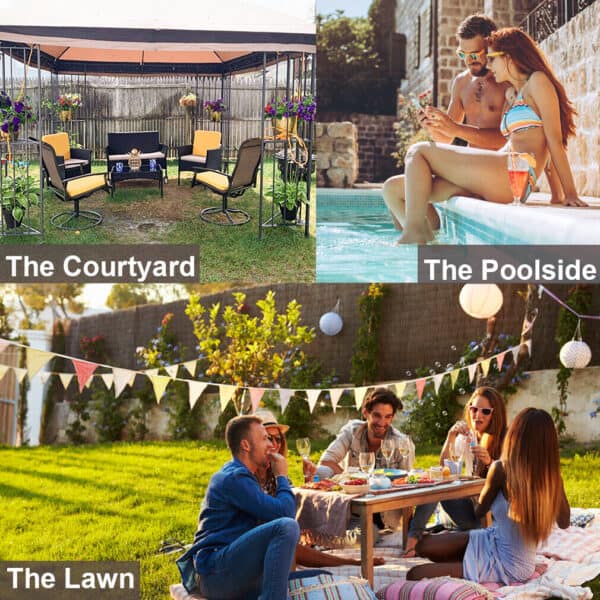 Outdoor leisure spaces: the courtyard with seating and a fire pit, the poolside with a couple enjoying the sun, and the lawn with a group dining alfresco.