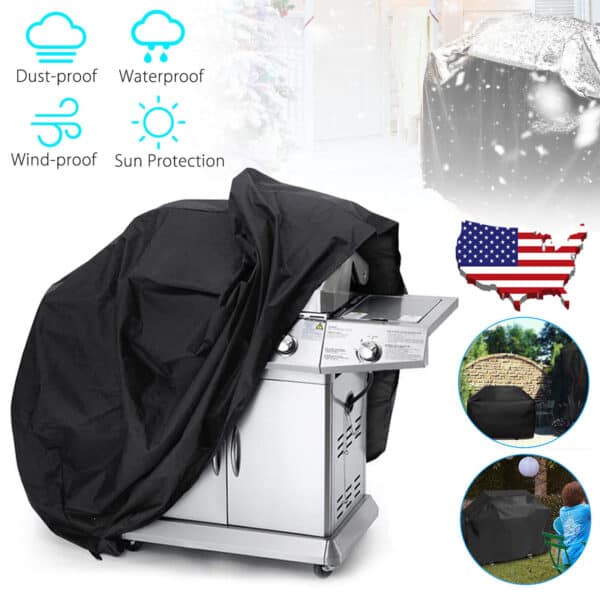Waterproof and wind-proof grill cover with dust and sun protection features displayed in various settings.