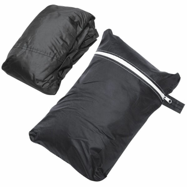 Black packable down jacket compressed into a small built-in pouch with a zipper.