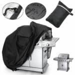 Collage featuring a waterproof barbecue grill cover on a grill, standalone cover, features as waterproof with a zoom-in on zipper, and an inset showing droplets on fabric.