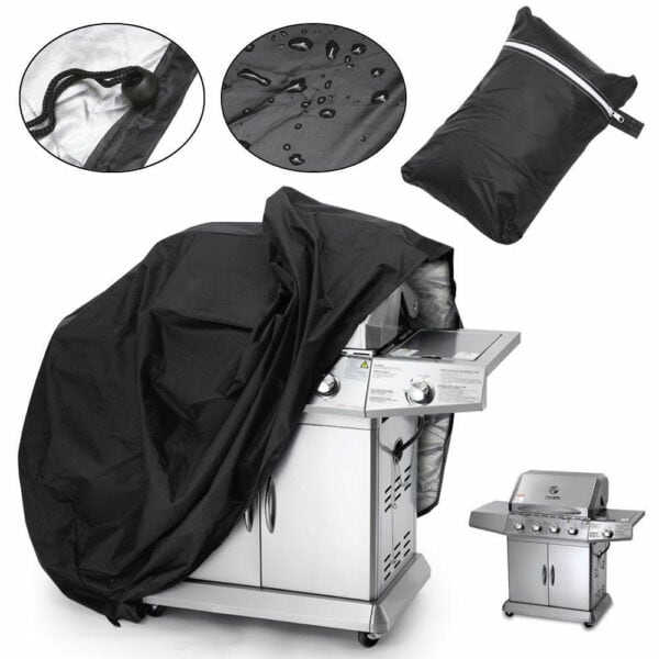 Collage featuring a waterproof barbecue grill cover on a grill, standalone cover, features as waterproof with a zoom-in on zipper, and an inset showing droplets on fabric.