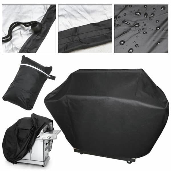 A collage showcasing various features of a black, waterproof cover, including its drawstring, water resistance, storage bag, and fit over an outdoor appliance.