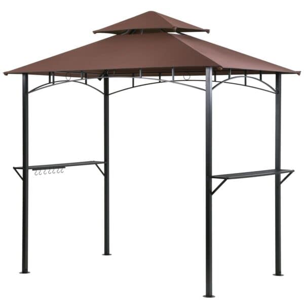 A metal-framed gazebo with a fabric canopy and built-in shelves on the side.