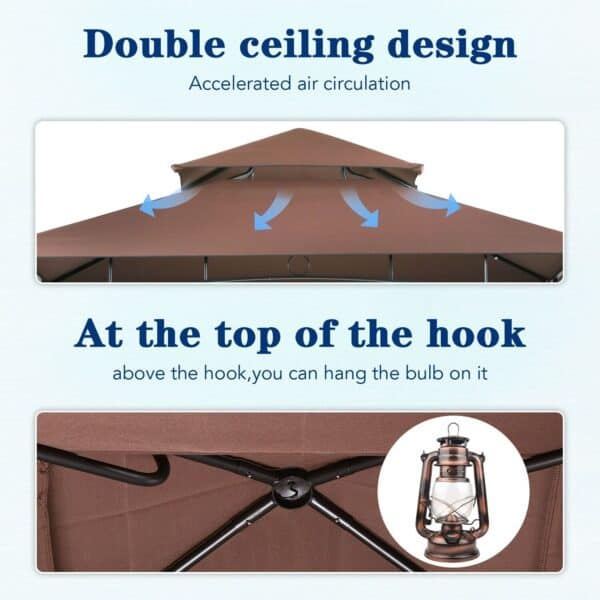 Illustration of a gazebo's double ceiling design for improved air circulation and a hook feature for hanging a light.