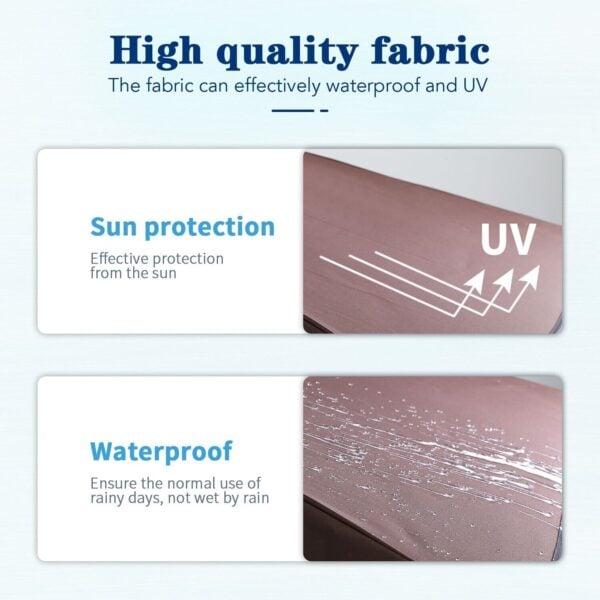 Promotional image highlighting the sun protection and waterproof qualities of a high-quality fabric.