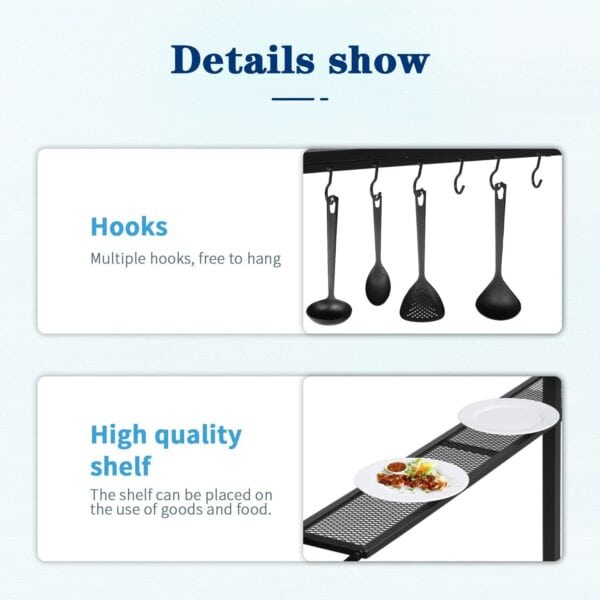 A promotional image highlighting the features of a kitchen organizer with hooks and a high-quality shelf for storage and display.
