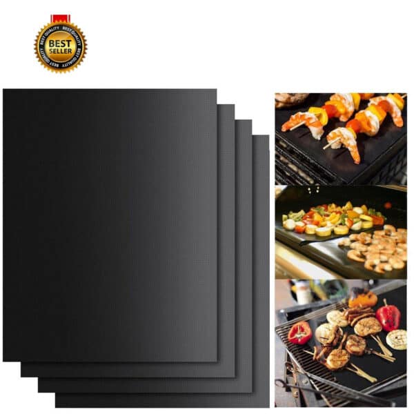 Set of black grill mats with a best seller label, shown in use with various foods on a barbecue grill.