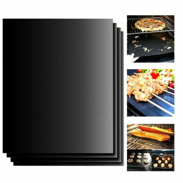 Set of black grill mats displayed alongside images of the mats in use for cooking various foods on a barbecue grill.