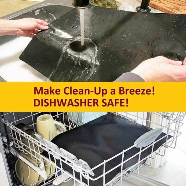 A non-stick baking mat being rinsed in a sink and placed in a dishwasher for cleaning, highlighted as dishwasher safe for easy cleanup.