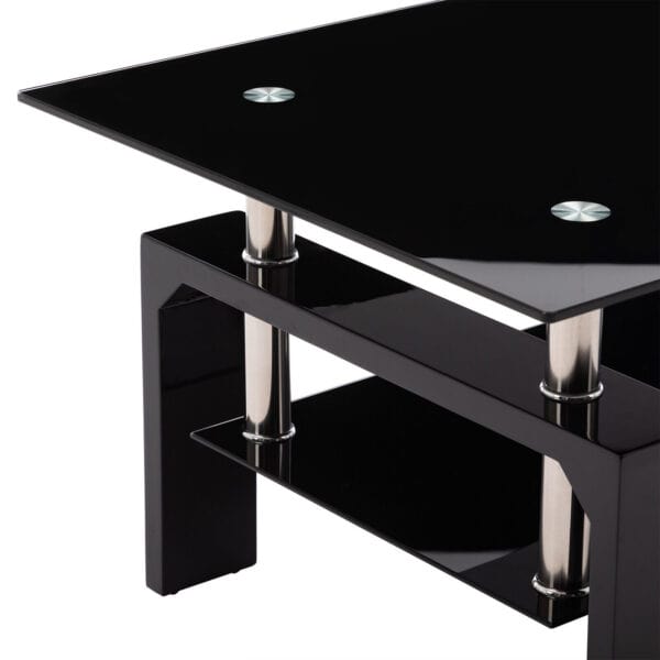 Black glass and metal modern tv stand with two shelves.