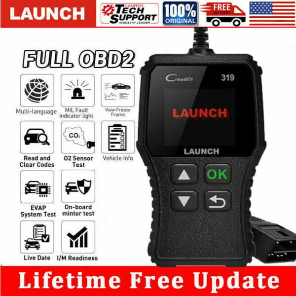 Handheld obd2 diagnostic tool with functions labeled, advertising full functionality and lifetime free updates.
