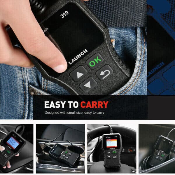A compact diagnostic scan tool for vehicles being demonstrated as easy to carry due to its small size, with various images showcasing its portability and usage in car settings.