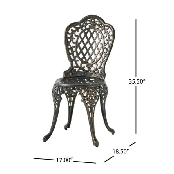 An image of a metal dining chair with measurements.