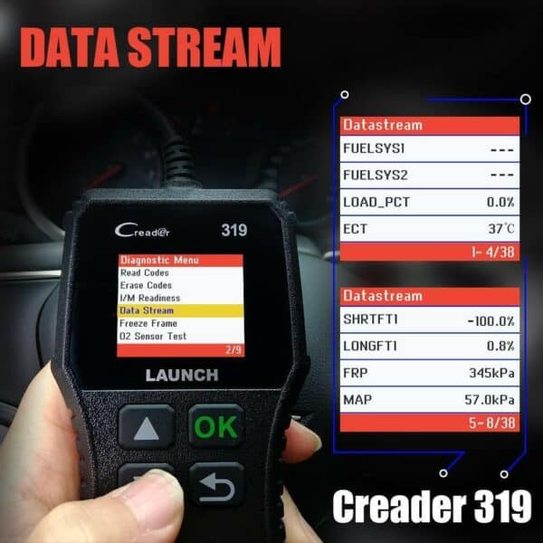 Hand holding an obd-ii automotive diagnostic scanner with data stream on the display.