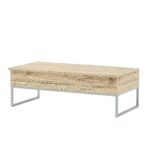 Modern wooden coffee table with metal legs on a white background.